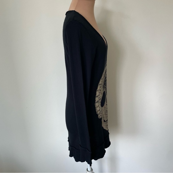 Lauren Moshi Chain Skull Graphic Long Sleeve Black Cotton Modal V-Neck Top Sz S - Picture 4 of 8